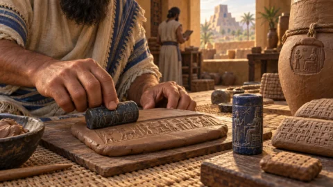 Interpretive illustration of a carved Sumerian cylinder seal being rolled across wet clay beside a jar and tablet.