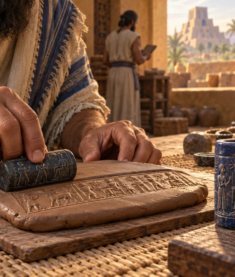 Interpretive illustration of a carved Sumerian cylinder seal being rolled across wet clay beside a jar and tablet.