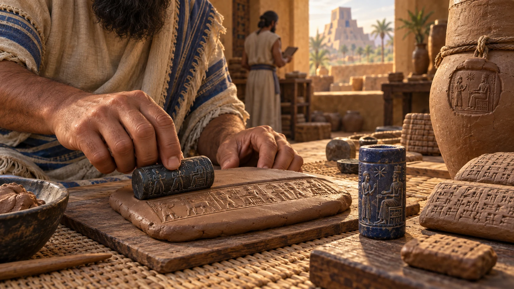 Interpretive illustration of a carved Sumerian cylinder seal being rolled across wet clay beside a jar and tablet.