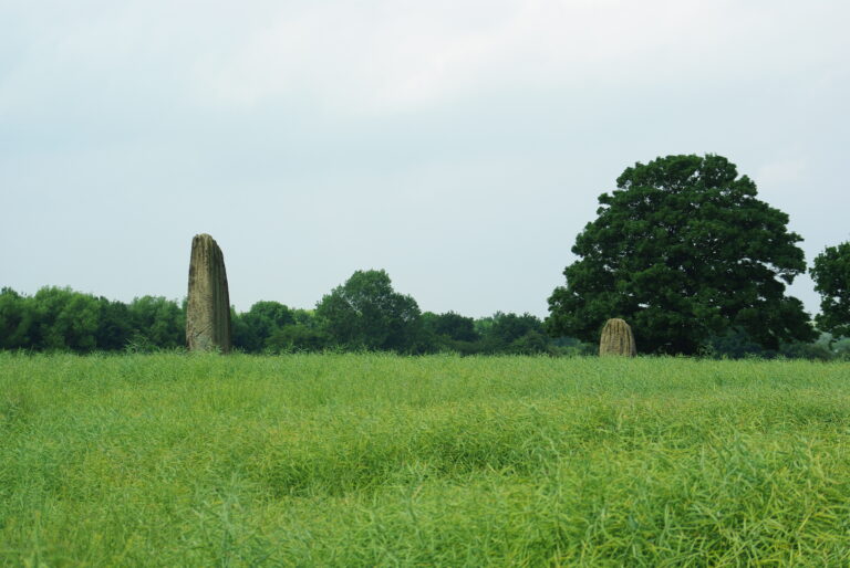 Two of the Devil’s Arrows standing stones in a field at Boroughbridge, North Yorkshire.