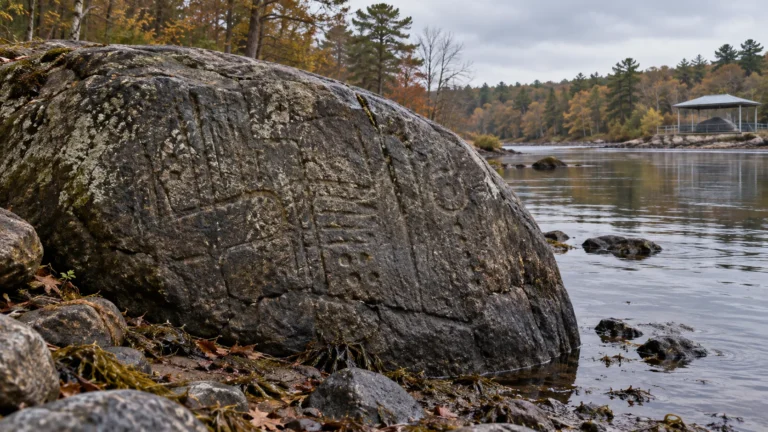 Interpretive illustration of a weathered boulder beside the Taunton River, with subtle petroglyph lines catching the evening light.