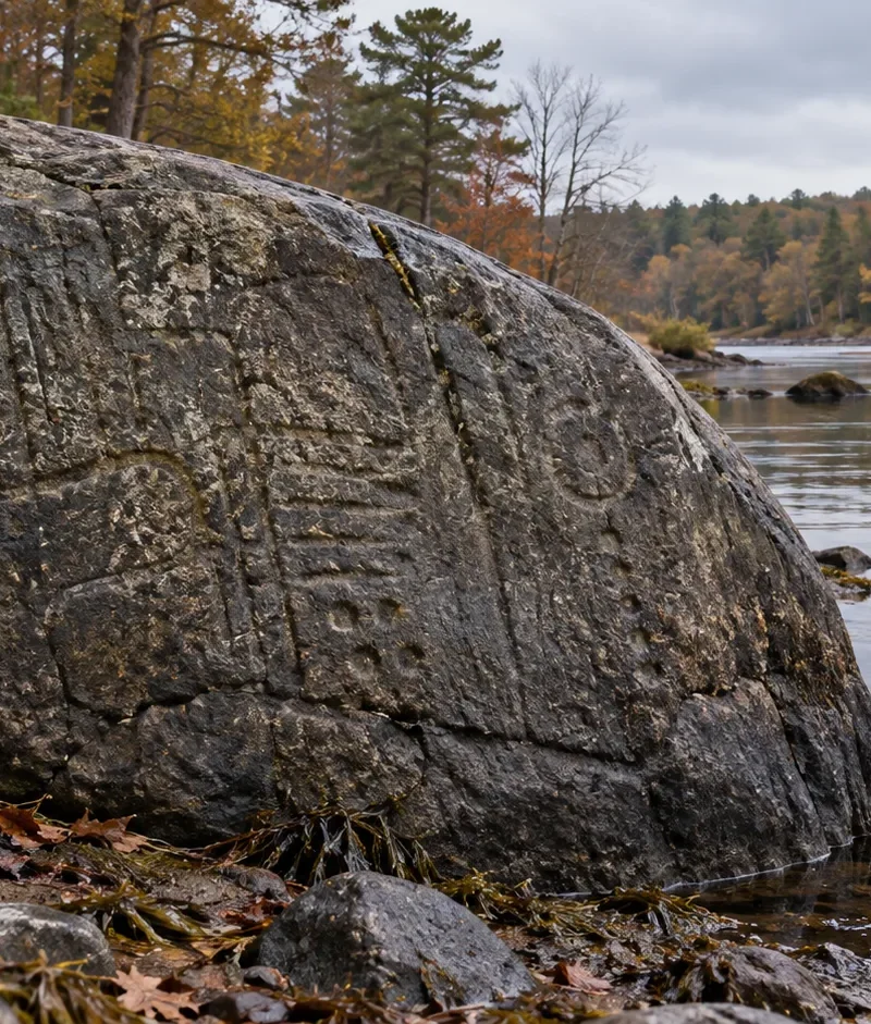 Interpretive illustration of a weathered boulder beside the Taunton River, with subtle petroglyph lines catching the evening light.