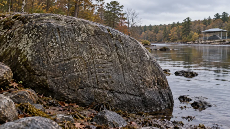 Interpretive illustration of a weathered boulder beside the Taunton River, with subtle petroglyph lines catching the evening light.