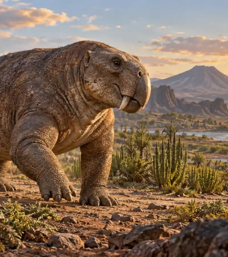 Editorial illustration of the Triassic dicynodont Dinodontosaurus isiyavamanda in Tanzania.