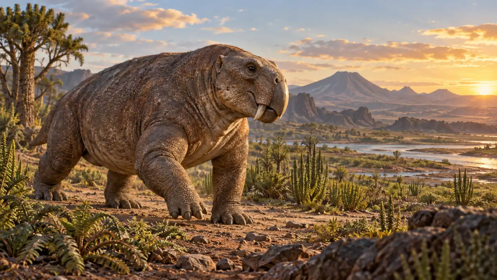Editorial illustration of the Triassic dicynodont Dinodontosaurus isiyavamanda in Tanzania.