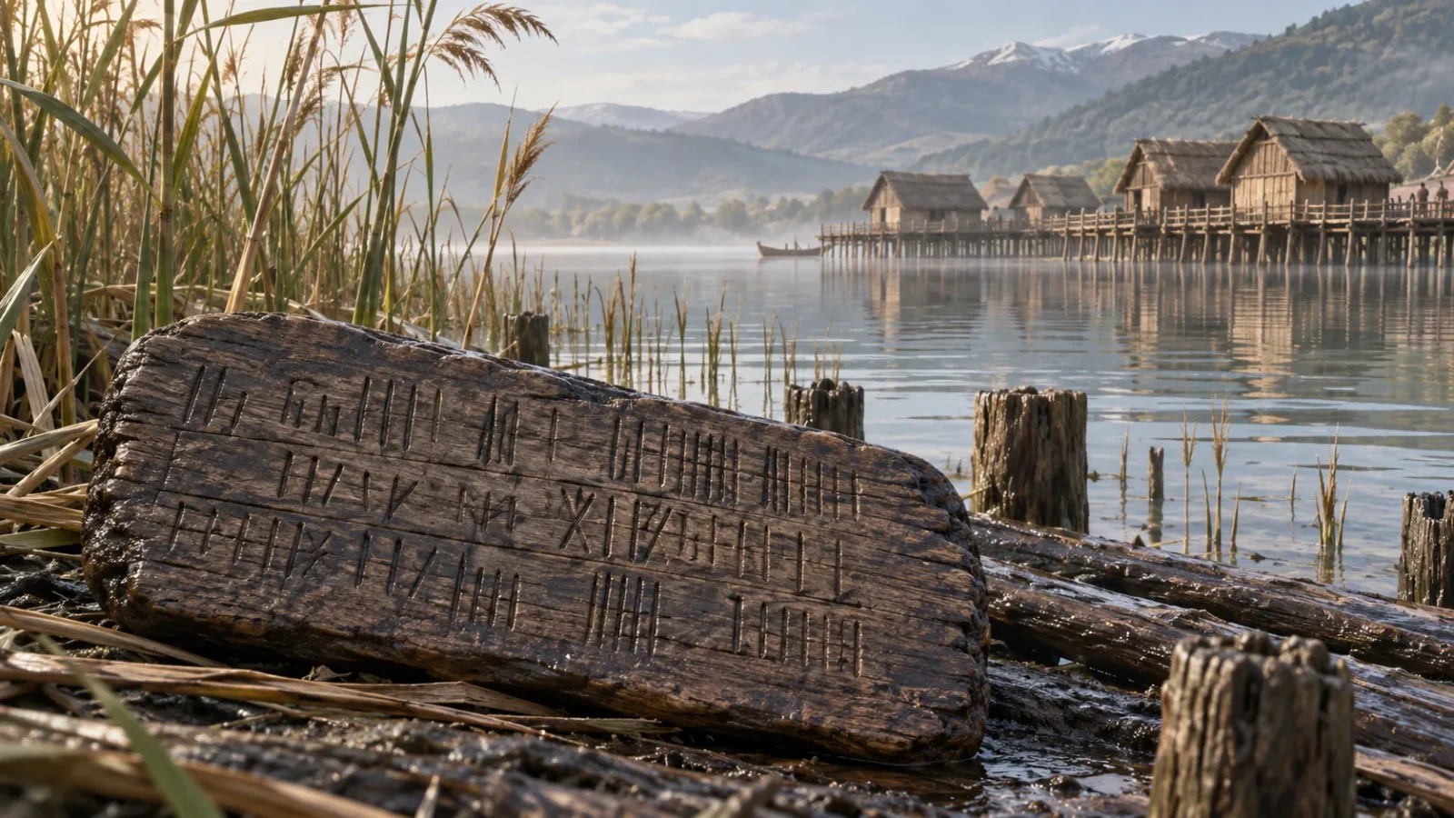 Interpretive illustration of a waterlogged Neolithic wooden tablet with linear marks beside a lakeside settlement in Greece