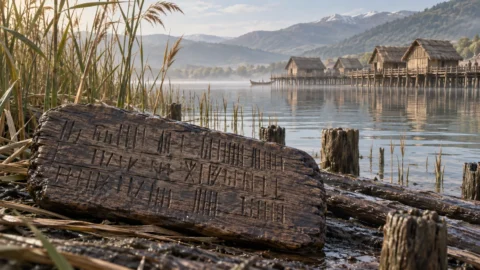 Interpretive illustration of a waterlogged Neolithic wooden tablet with linear marks beside a lakeside settlement in Greece