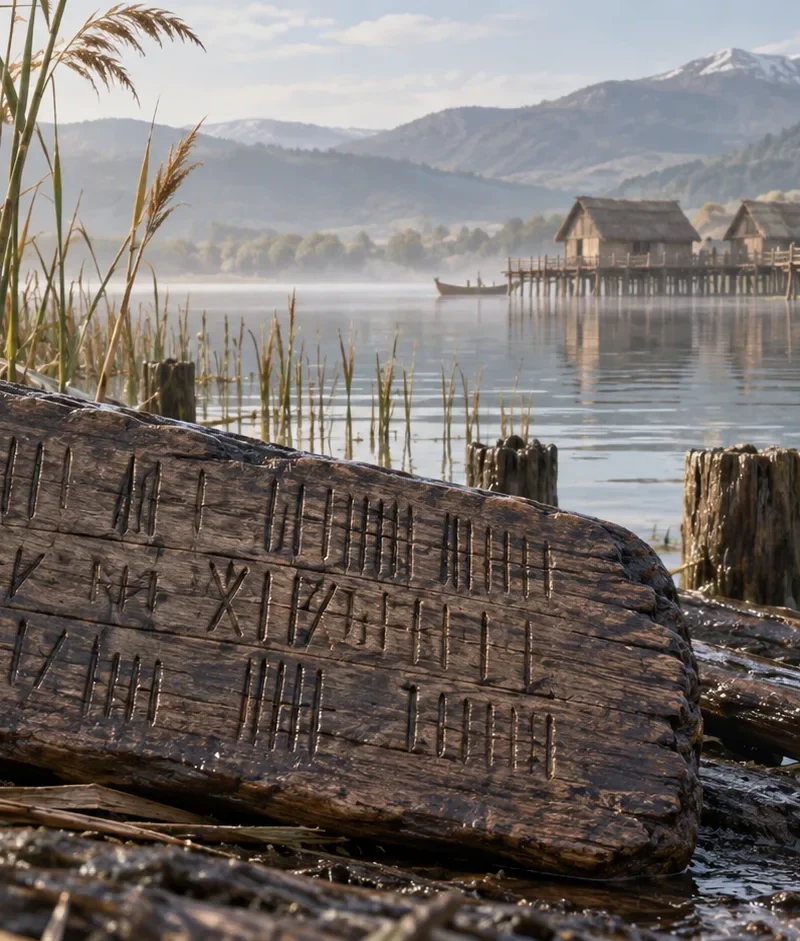 Interpretive illustration of a waterlogged Neolithic wooden tablet with linear marks beside a lakeside settlement in Greece