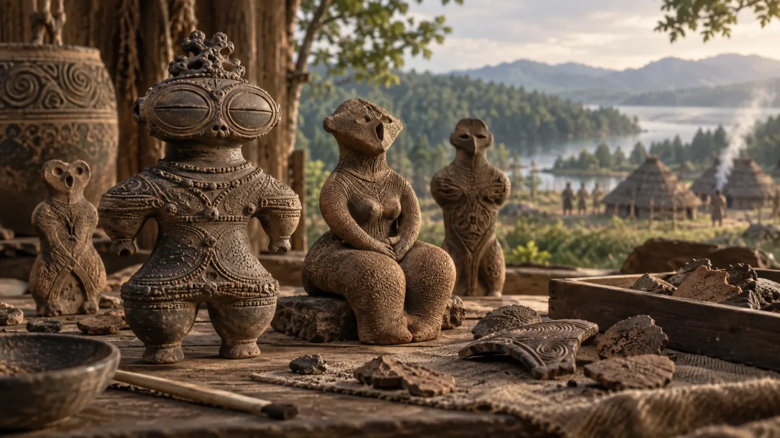 Interpretive illustration of Jōmon dogū clay figurines on an archaeological worktable overlooking a prehistoric Japanese settlement.
