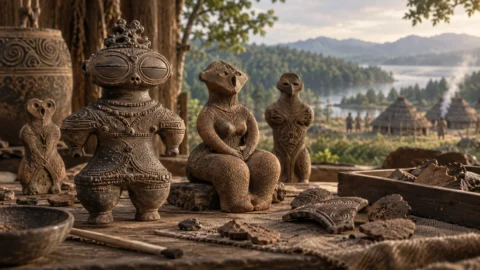 Interpretive illustration of Jōmon dogū clay figurines on an archaeological worktable overlooking a prehistoric Japanese settlement.