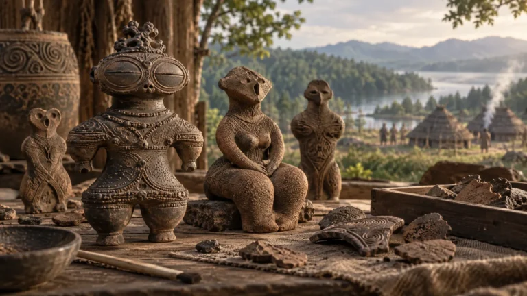 Interpretive illustration of Jōmon dogū clay figurines on an archaeological worktable overlooking a prehistoric Japanese settlement.