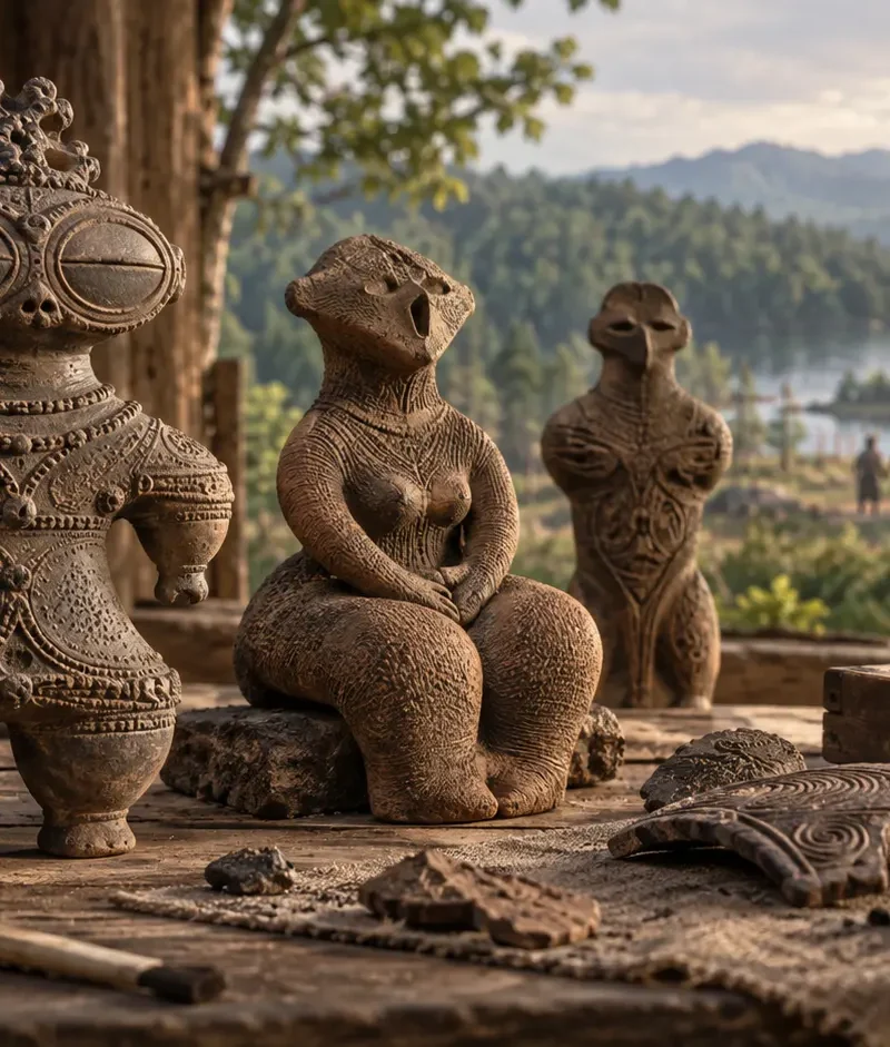Interpretive illustration of Jōmon dogū clay figurines on an archaeological worktable overlooking a prehistoric Japanese settlement.