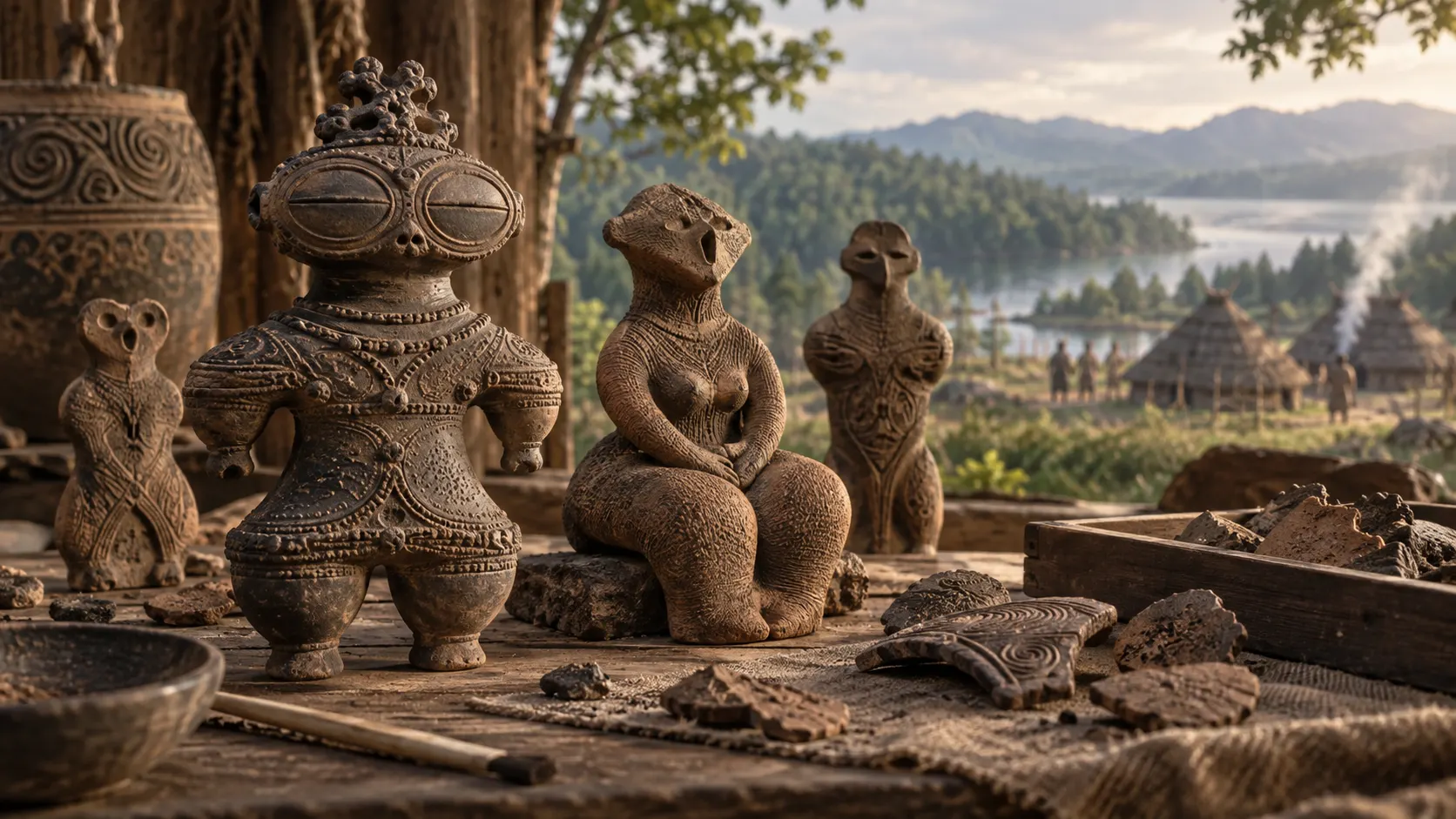 Interpretive illustration of Jōmon dogū clay figurines on an archaeological worktable overlooking a prehistoric Japanese settlement.