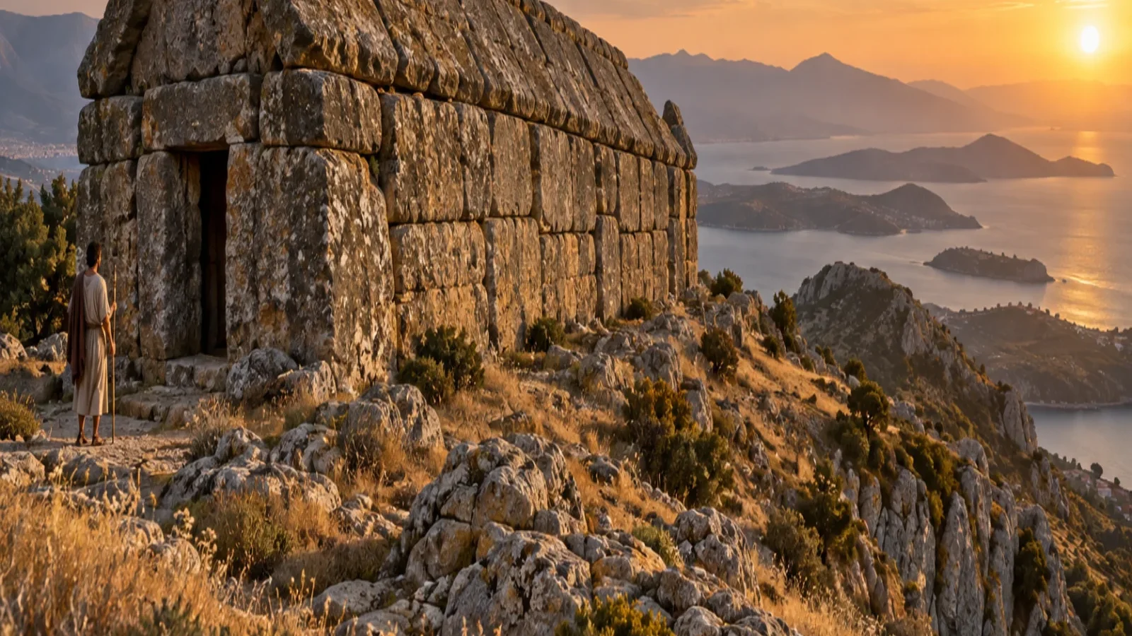 Interpretive illustration of a stone Dragon House on a rocky Euboean ridge