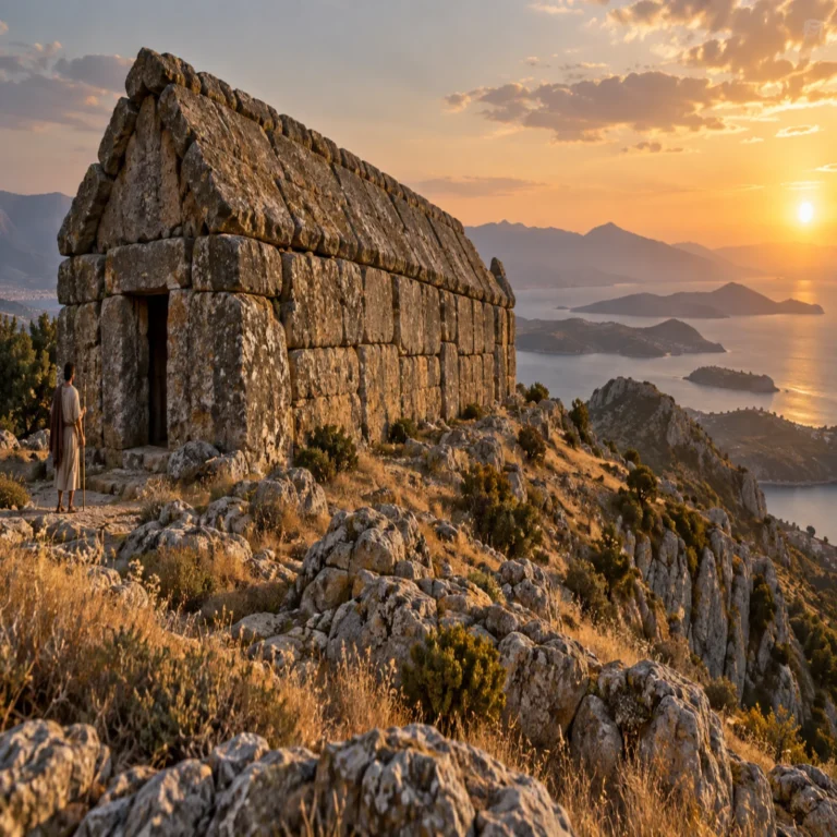 Interpretive illustration of a stone Dragon House on a rocky Euboean ridge