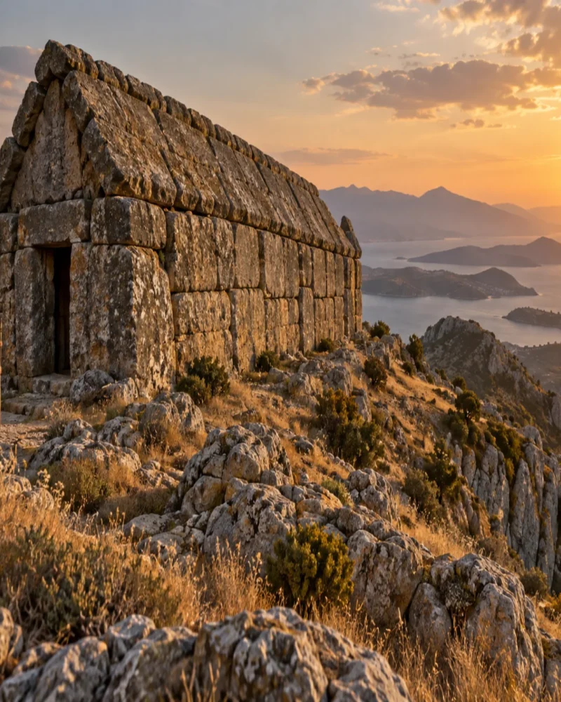 Interpretive illustration of a stone Dragon House on a rocky Euboean ridge