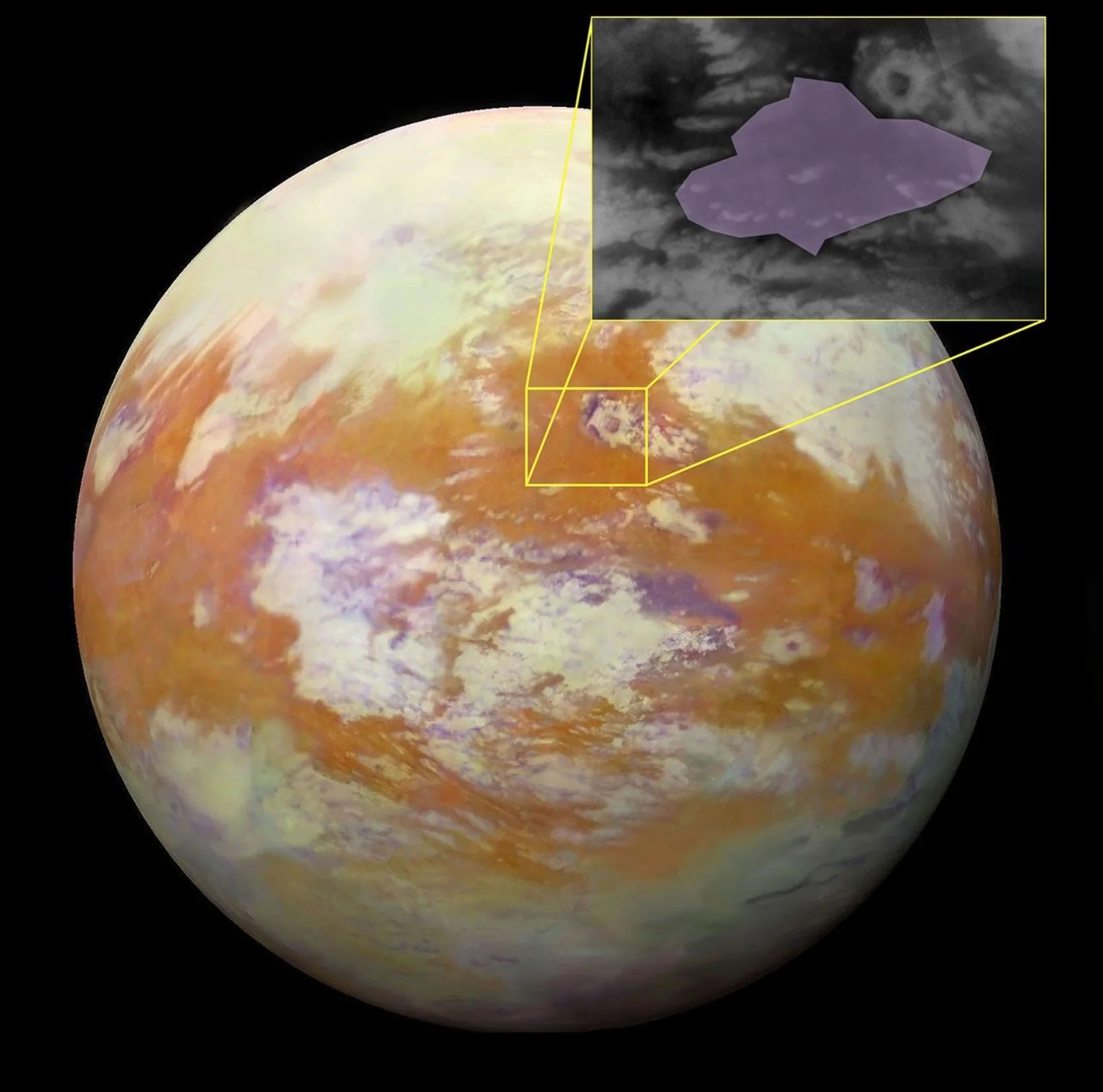 Titan with an inset highlighting the Ahmakiq Undae dune field near Selk Crater.