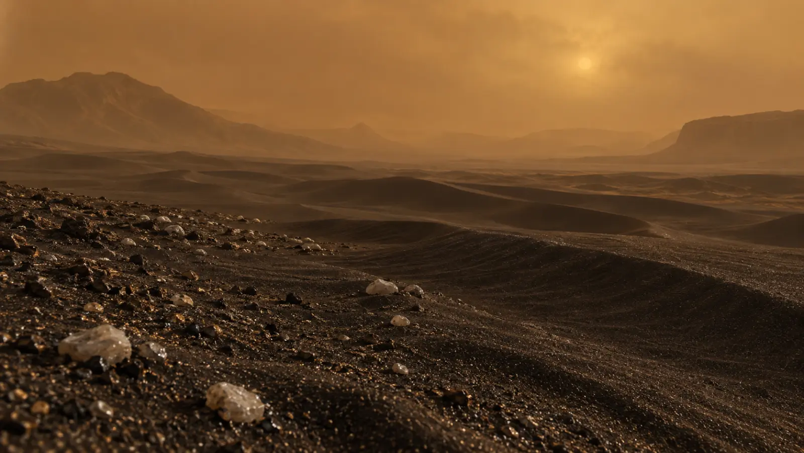 Conceptual illustration of dark dunes and icy pebbles beneath Titan’s amber haze.