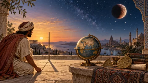 Illustration of ancient observers testing whether Earth was round with a shadow stick, globe and lunar eclipse