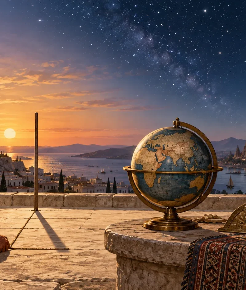 Illustration of ancient observers testing whether Earth was round with a shadow stick, globe and lunar eclipse