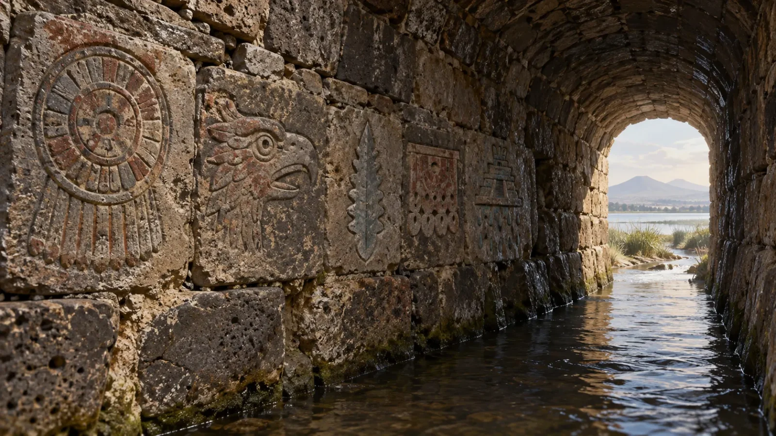 Interpretive illustration of pre-Hispanic carvings reused in the Albarradón de Ecatepec water tunnel