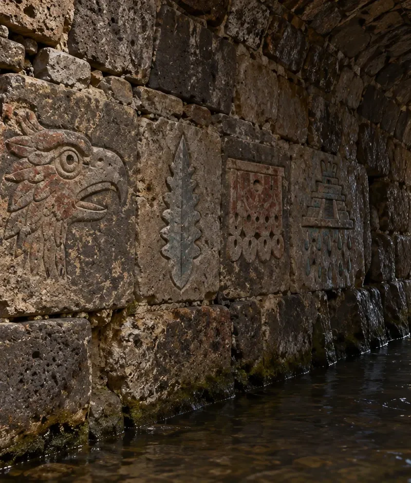 Interpretive illustration of pre-Hispanic carvings reused in the Albarradón de Ecatepec water tunnel