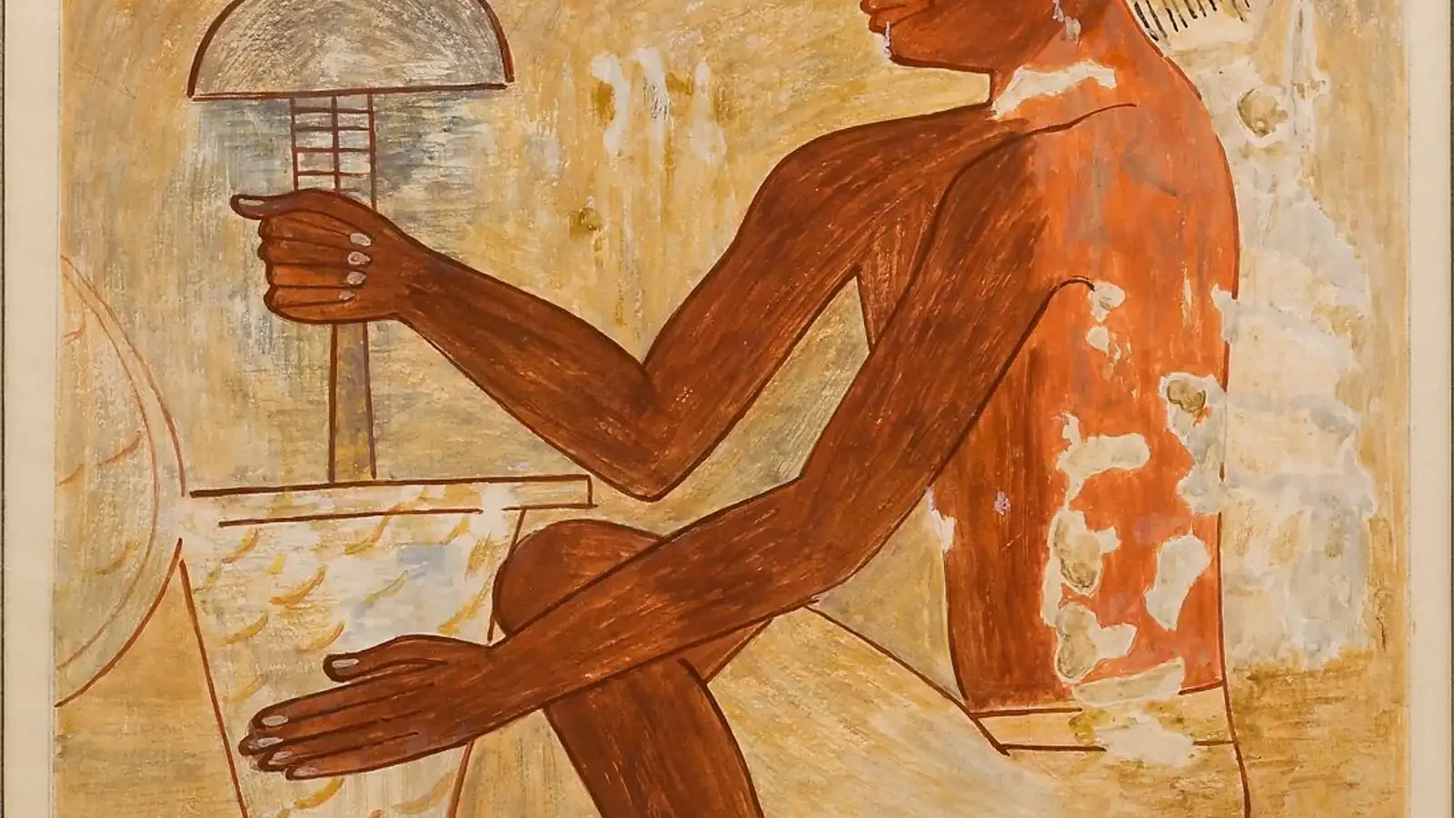 Facsimile of a seated Egyptian craftsperson holding a vertical drill over a stone vessel, from the tomb of Rekhmire.