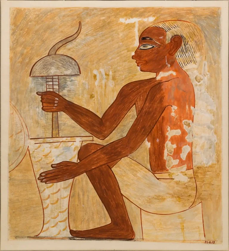 Facsimile of a seated Egyptian craftsperson holding a vertical drill over a stone vessel, from the tomb of Rekhmire.