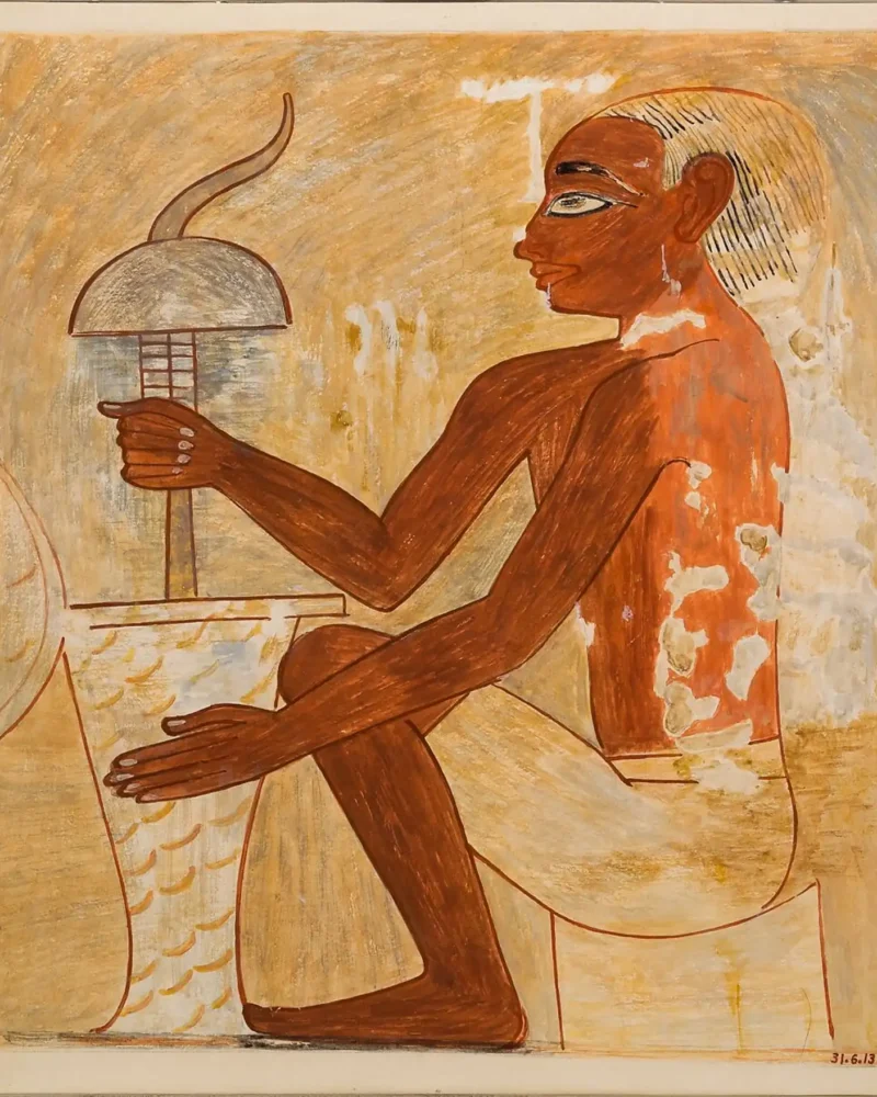 Facsimile of a seated Egyptian craftsperson holding a vertical drill over a stone vessel, from the tomb of Rekhmire.