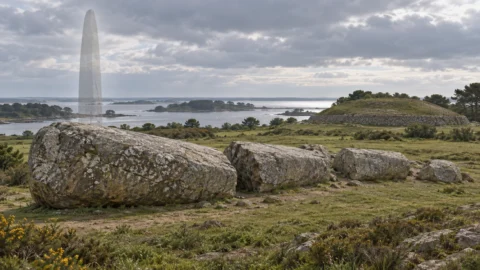 Interpretive illustration of the broken Grand Menhir Brisé at Locmariaquer with a translucent reconstruction of the original upright monolith