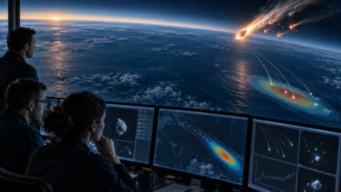 Editorial illustration of ESA tracking an incoming asteroid and its possible meteorite strewn field.