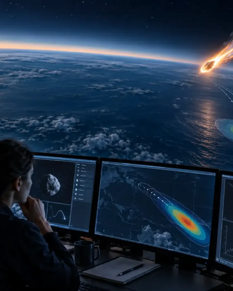 Editorial illustration of ESA tracking an incoming asteroid and its possible meteorite strewn field.