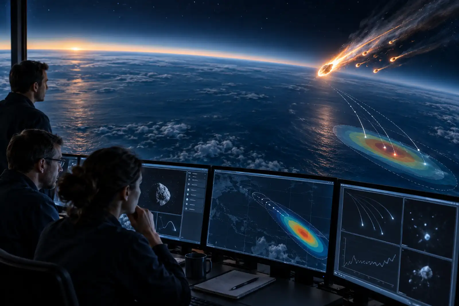 Editorial illustration of ESA tracking an incoming asteroid and its possible meteorite strewn field