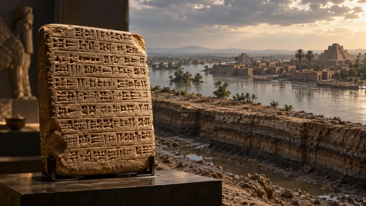 Ancient Mesopotamian flood tablet and layered river sediments