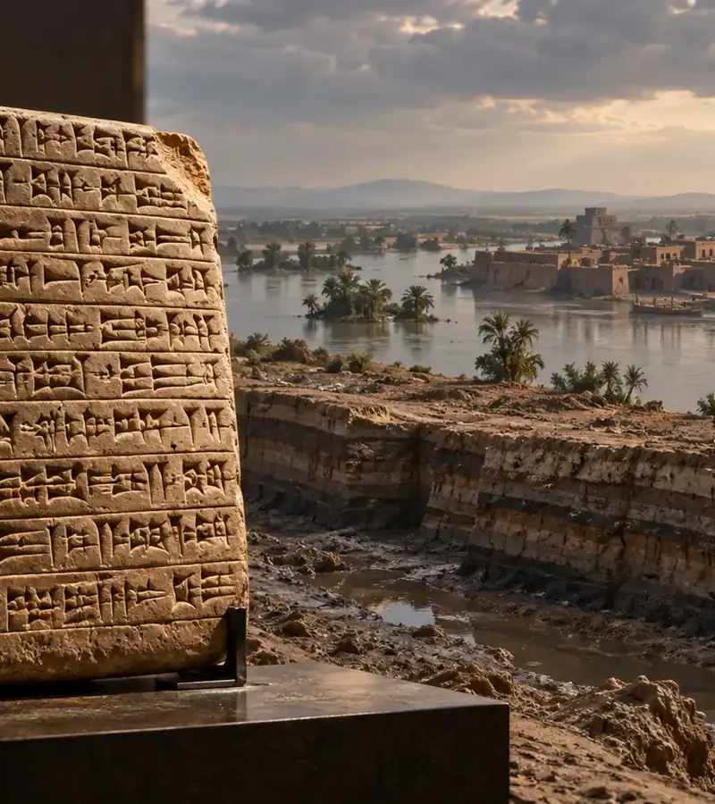 Ancient Mesopotamian flood tablet and layered river sediments