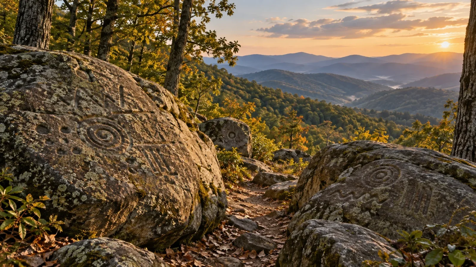 Interpretive view of carved boulders and a mountain pass in Georgia's Blue Ridge Mountains.