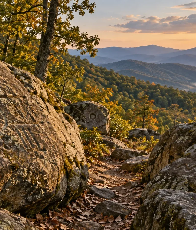 Interpretive view of carved boulders and a mountain pass in Georgia's Blue Ridge Mountains.
