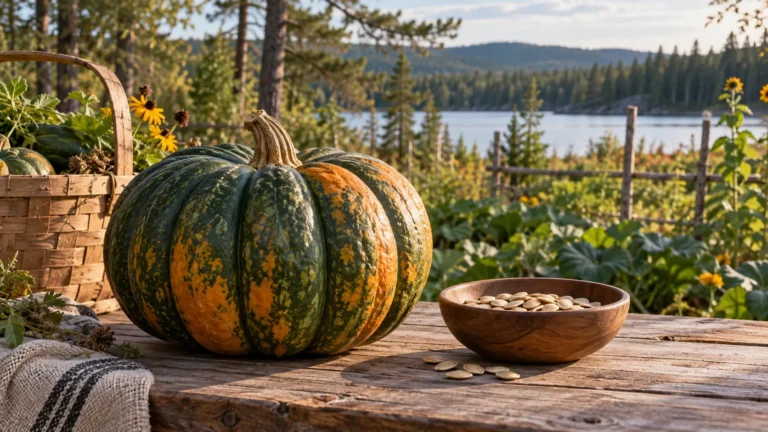 Illustration of a large striped squash beside saved seeds in a garden.