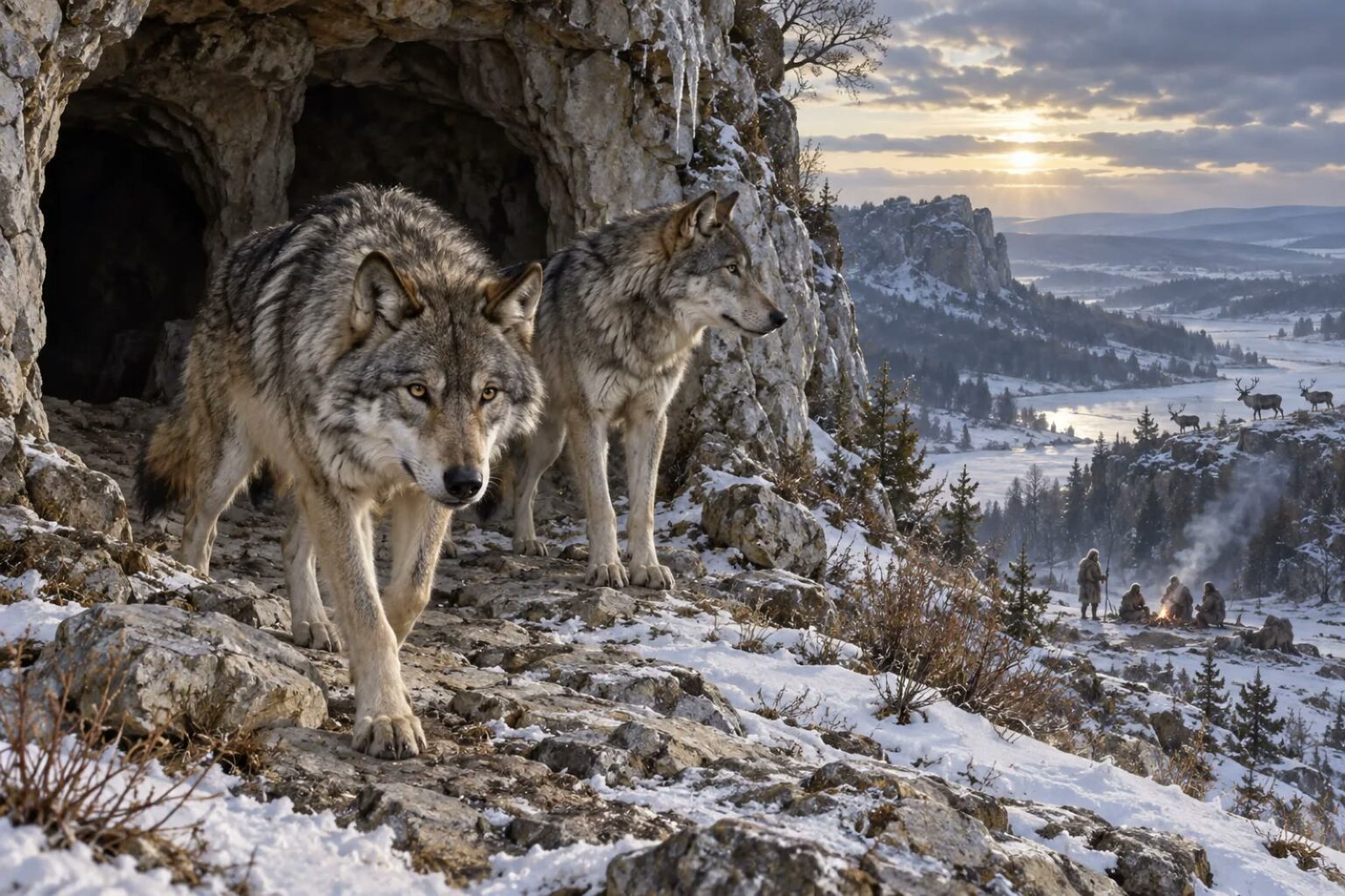 Two Ice Age wolves at a limestone cave above a snowy valley, with a small human camp in the distance.