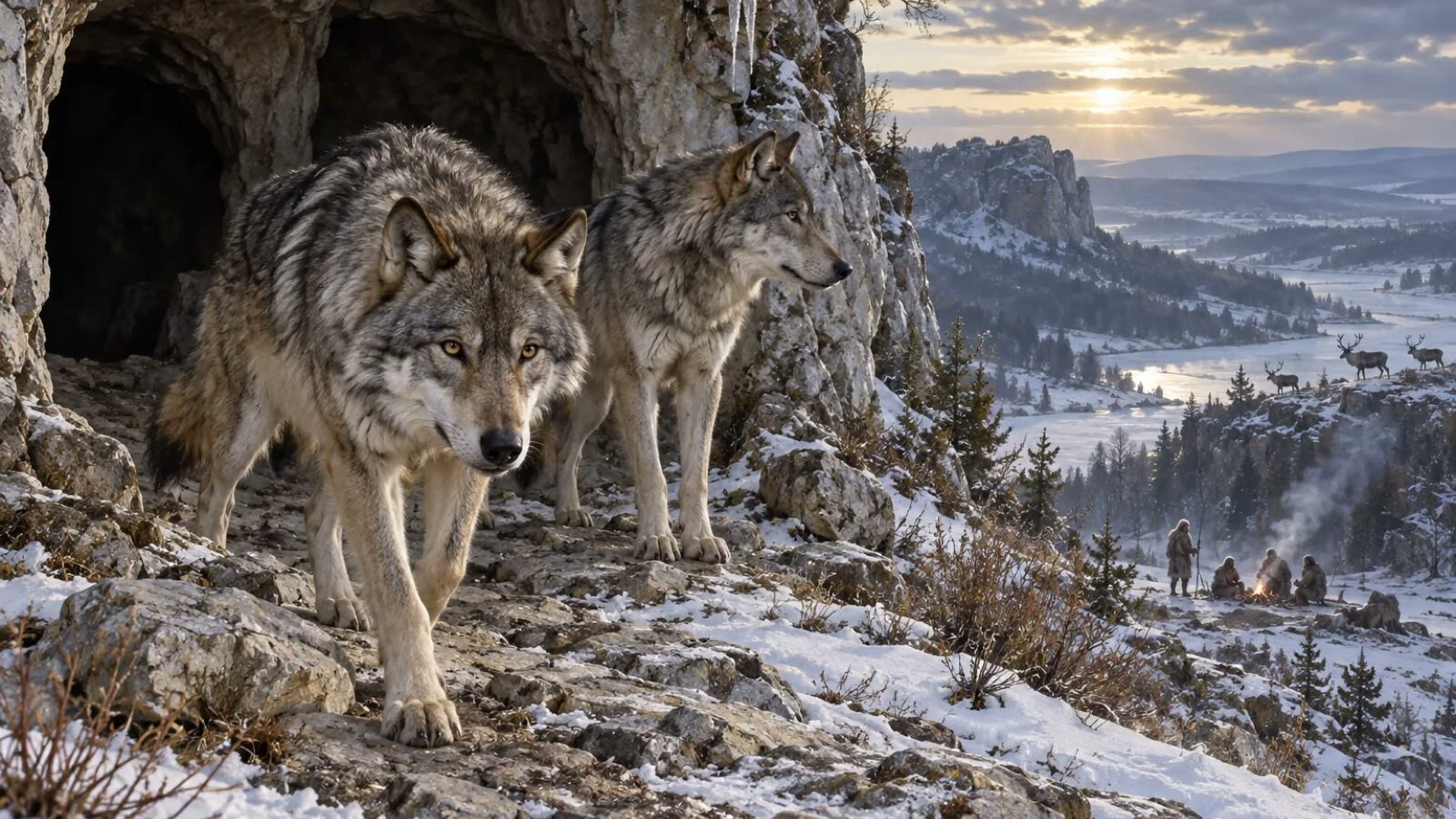 Two Ice Age wolves at a limestone cave above a snowy valley, with a small human camp in the distance.