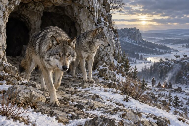 Two Ice Age wolves at a limestone cave above a snowy valley, with a small human camp in the distance.