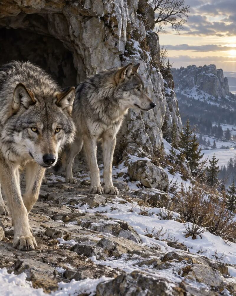 Two Ice Age wolves at a limestone cave above a snowy valley, with a small human camp in the distance.
