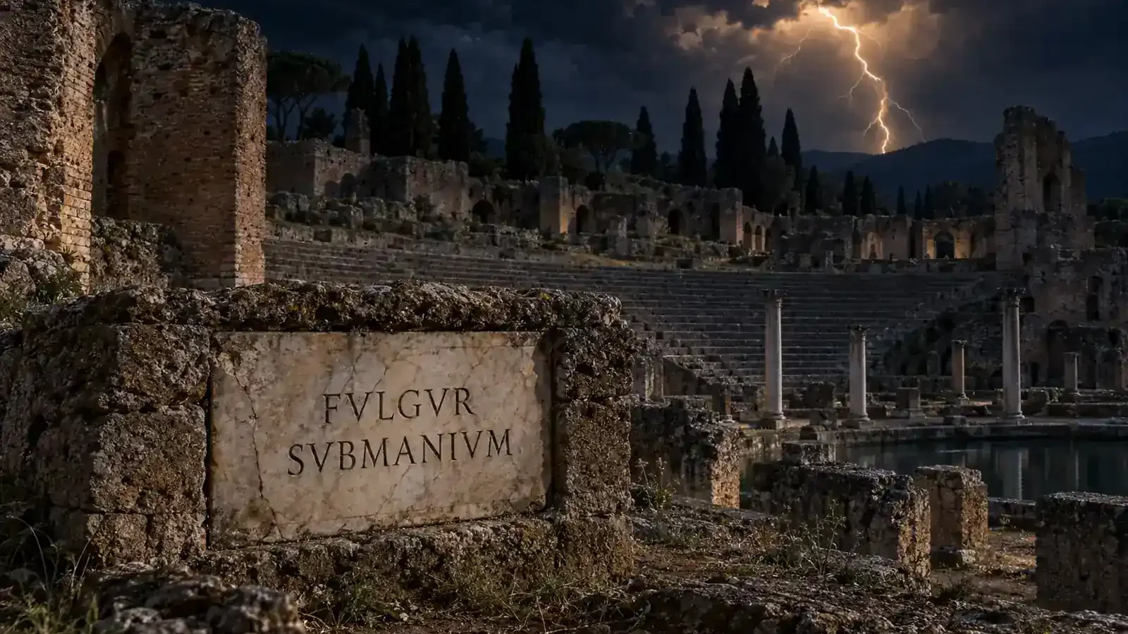 Editorial illustration of a Roman lightning inscription at Hadrian's Villa