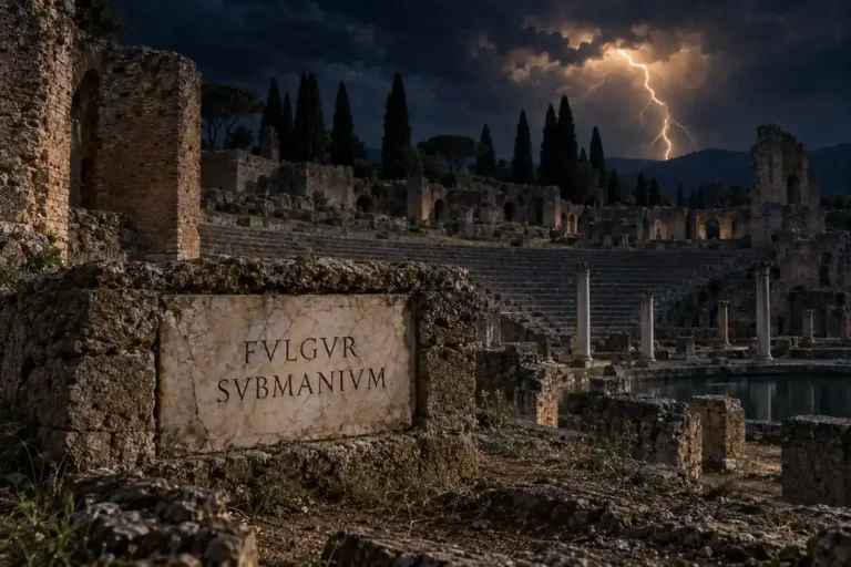 Editorial illustration of a Roman lightning inscription at Hadrian's Villa