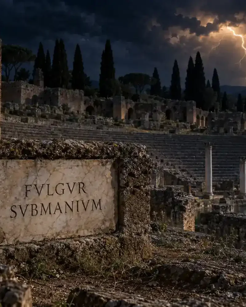 Editorial illustration of a Roman lightning inscription at Hadrian's Villa