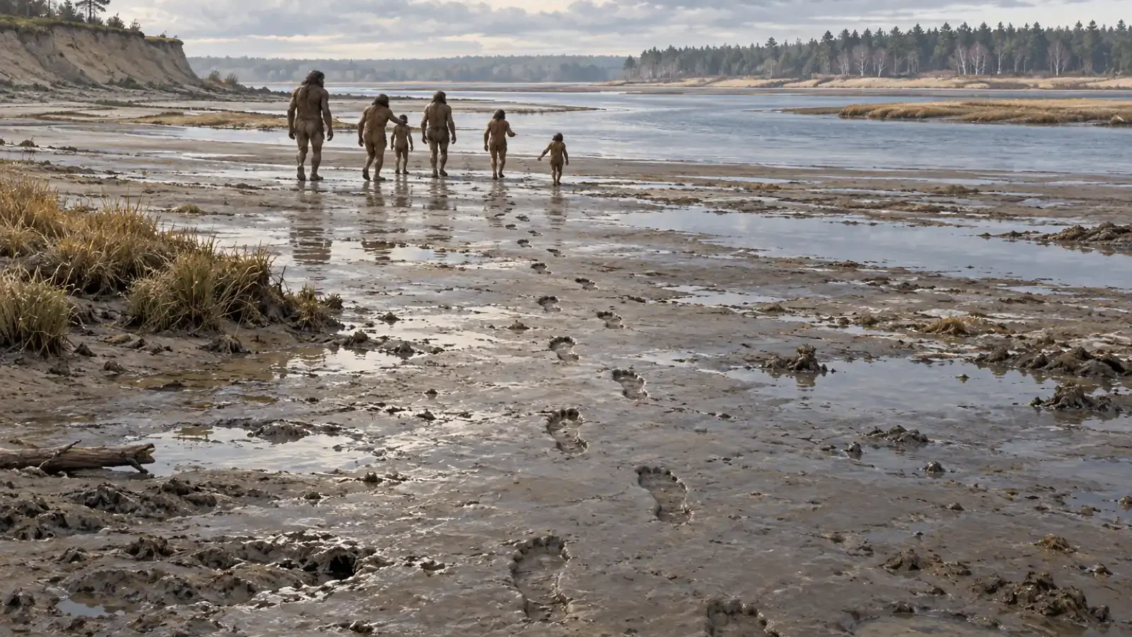 Interpretive illustration of a group crossing a muddy estuary at Happisburgh, with a trail of footprints in the foreground.