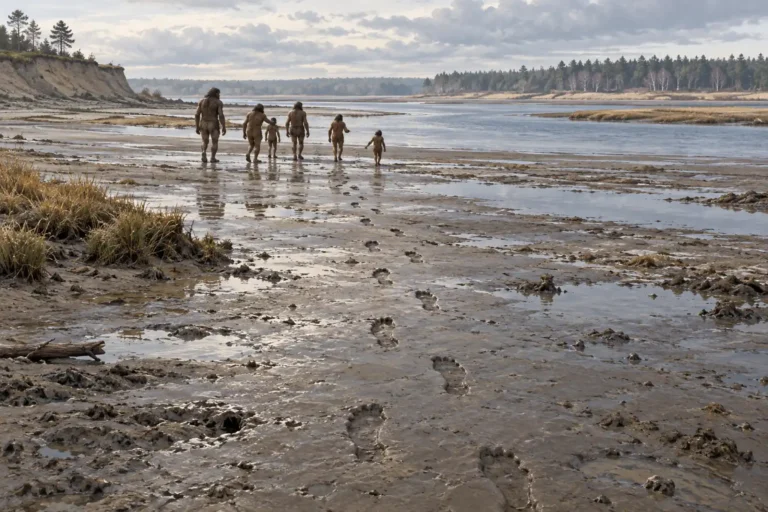 Interpretive illustration of a group crossing a muddy estuary at Happisburgh, with a trail of footprints in the foreground.