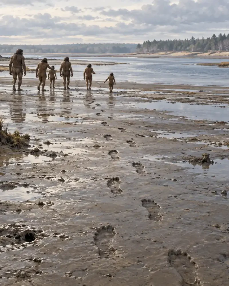 Interpretive illustration of a group crossing a muddy estuary at Happisburgh, with a trail of footprints in the foreground.