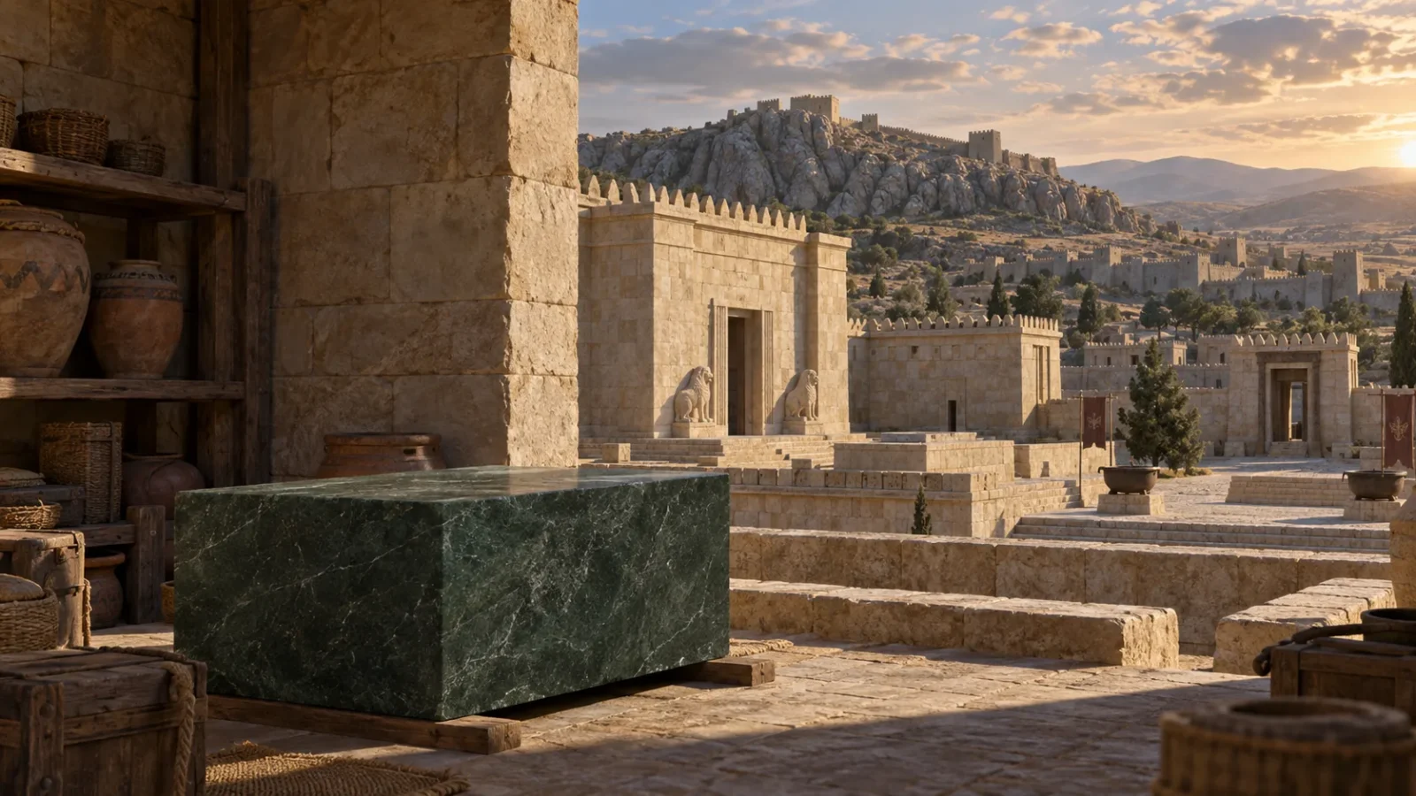 Interpretive illustration of a smooth green monolith beside the ruins of Hattusa’s Great Temple in Anatolia.