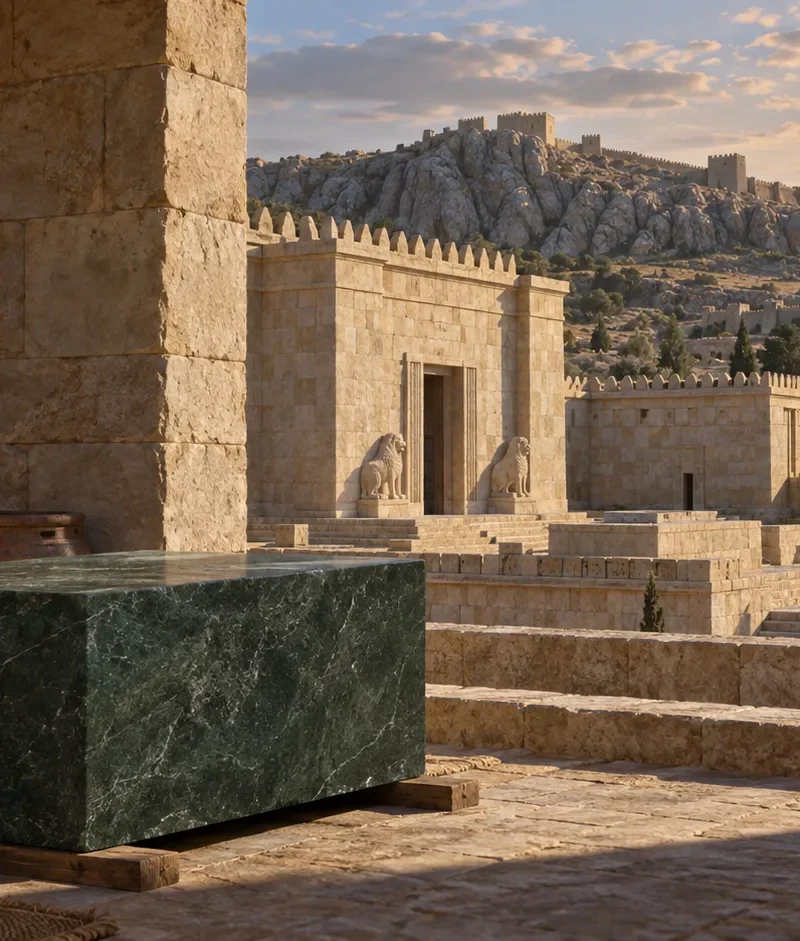 Interpretive illustration of a smooth green monolith beside the ruins of Hattusa’s Great Temple in Anatolia.